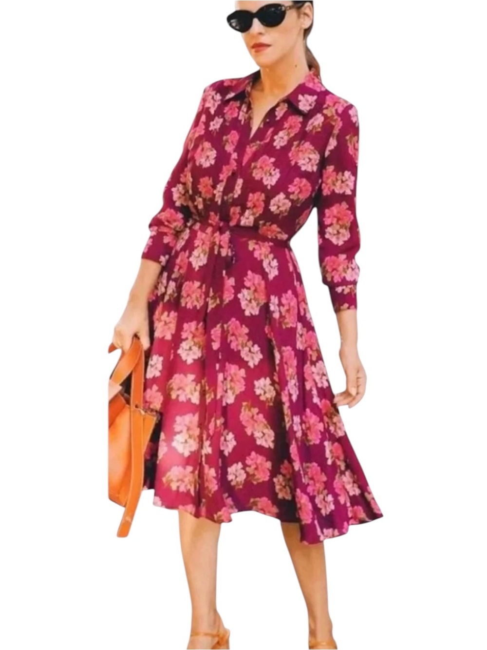 Nanette Lepore Floral Midi Shirtdress Belted Button Front Long Sleeve Size 10